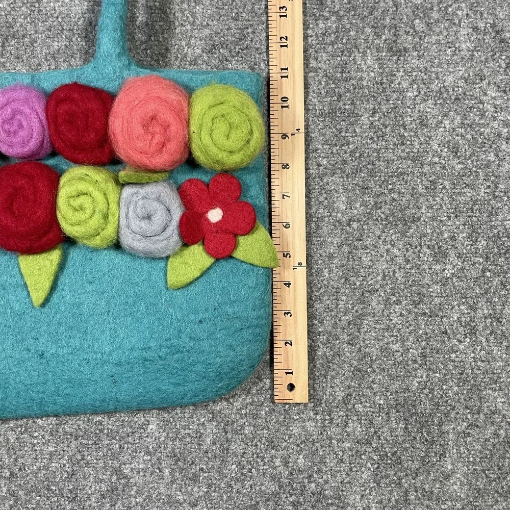 BNB Felted Wool Tote Bag Womens Large Turquoise Blue 3D Floral Applique Nepal
